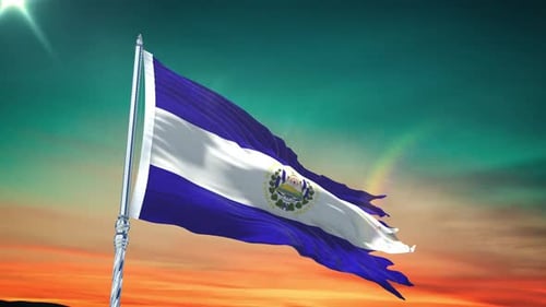 El Salvador Flag Waving Against a Cinematic Sunset Sky