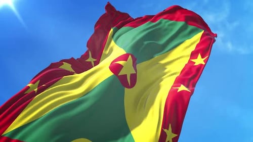 Grenada National Flag Waving Proudly Against a Bright Blue Sky