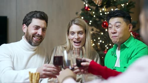 Friends Celebrate Christmas With Wine and Toast