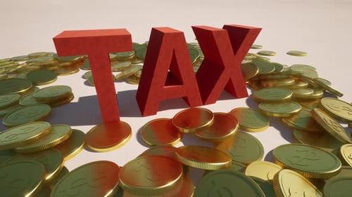 Le mot TAX en lettres rouges sur une pile de pièces d'or est brillant et porte le signe du dollar