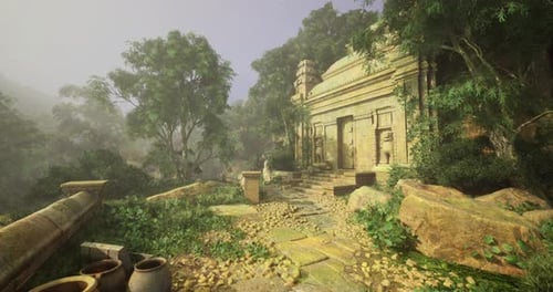 Ancien temple dans une forêt luxuriante à la lumière du petit matin