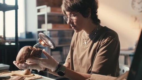 Female Researcher Cleaning Ancient Skull with Brush in Archaeology Laboratory