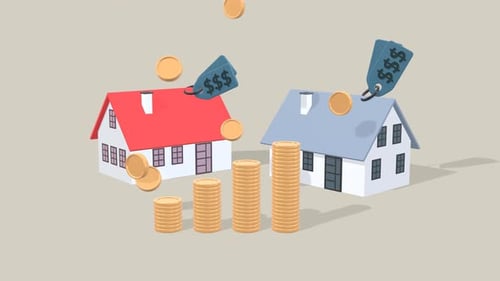 3D Houses With Coin Stacks Representing Real Estate Investment, Growth Or House Mortgage.