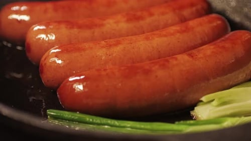 Chef Grill Smoked German Sasuages Tclose Up Frankfurt Bratwursts and Fresh Traditional German