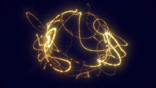 Dynamische goldene Lichtspuren, die eine abstrakte leuchtende Kugel auf dunklem Hintergrund bilden