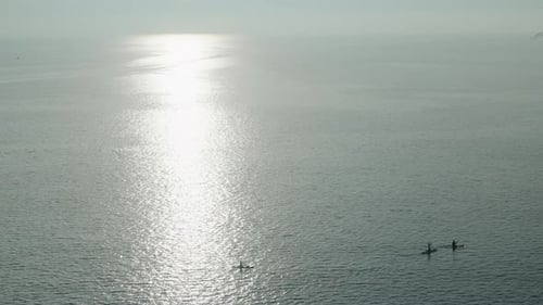 Three people in the open sea swim on SUP board. they row with oars. View from above. Sunset