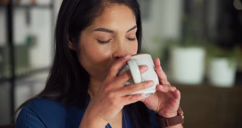 Coffee, mug and thinking with business woman in office for productivity, reflection and relax