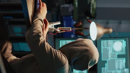 Imposteur vidéo vertical avec masque piratant un serveur informatique tard dans la nuit