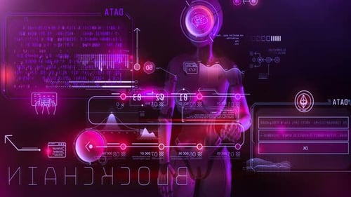 Une femme interagit avec une interface blockchain futuriste