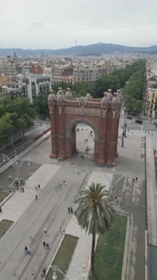 Aerial view of Arc de Triomf with Promenade Passeig de Lluís Companys in Barcelona Spain