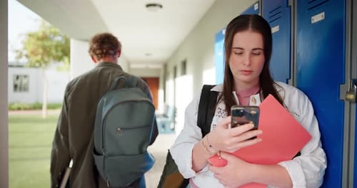 Education, female student and cellphone in university for connection, online results