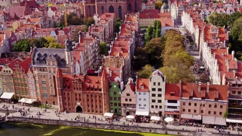 Embankment of motlawa river in Gdansk old town. Aerial view.
