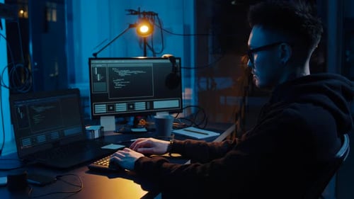 Concept de cybercriminalité, de piratage et de technologie - Un hacker asiatique en train d'écrire avec des lunettes