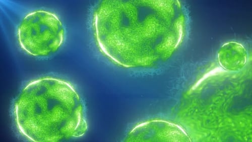 A vibrant depiction of floating green spheres in a cosmic environment, resembling microscopic