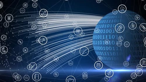 Animation des Verbindungsnetzwerks mit digitalen Icons über der ganzen Welt im Hintergrund