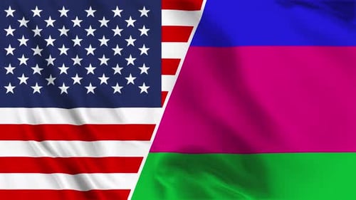 Waving American Flag and Blue Pink Green Banner
