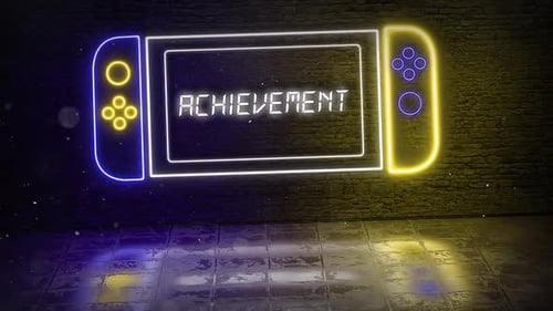 Neon Gaming Console with Achievement Text Reveal