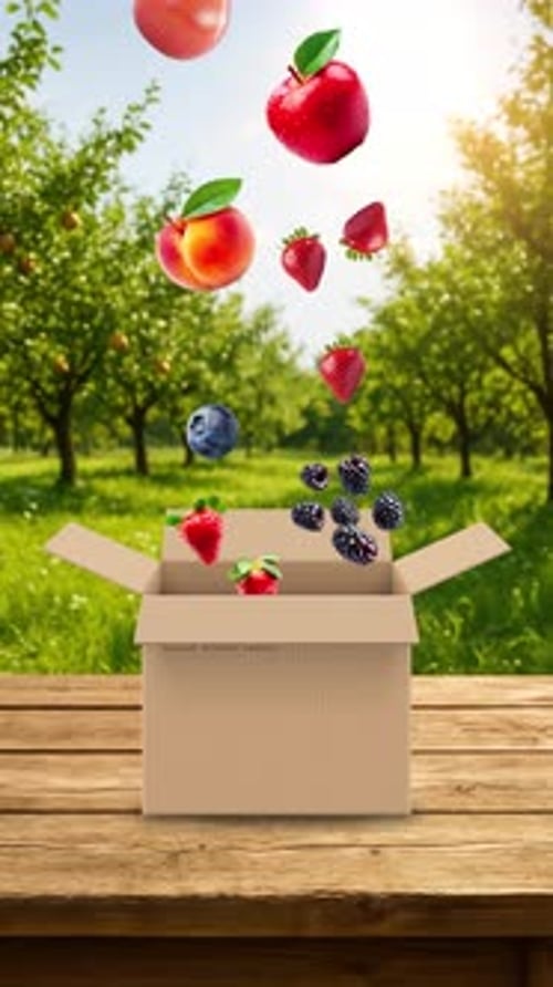 Fresh Fruits Falling into a Cardboard Box in Orchard – 3D Animation with Realistic Background 4K