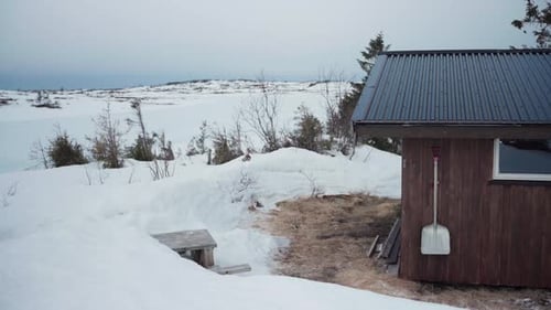 Snowy Landscape Around The Mountain Cabin At Winter In Verran, Indre Fosen, Norway. - wide shot
