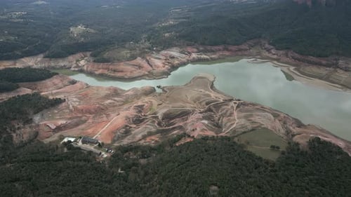 Aerial View to Sau Reservoir Blue Green River Ter Shoreline Looking Down Mountain Valley