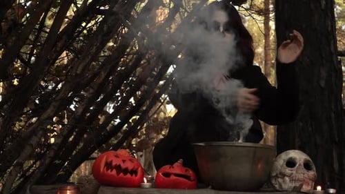 Witch Casting a Spell in a Forest Setting