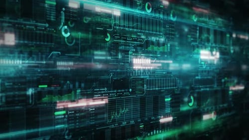 Futuristic Digital HUD Display with Corporate Data and Graphs