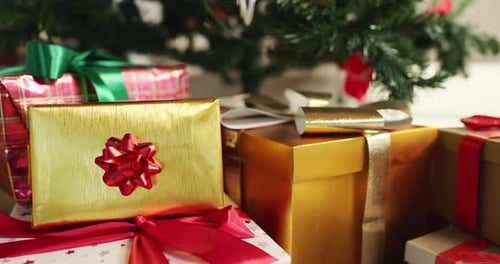 Christmas, tree and gifts with boxes or ribbon for festive or december holiday celebration in home