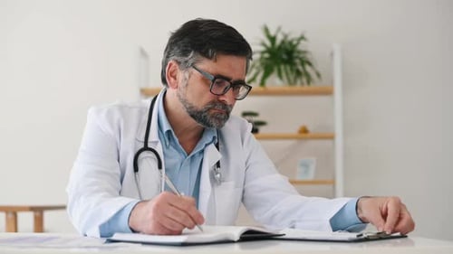 Writing information into notepad. Mature male doctor in coat is in the clinic room