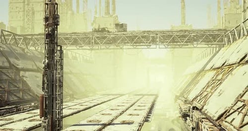 Verlassene Industrielandschaft mit verrosteten Strukturen und staubiger Umgebung