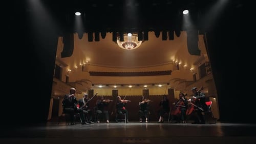 Classic Music Orchestra is Playing Music on Scene of Old Opera House Beautiful Concert Hall