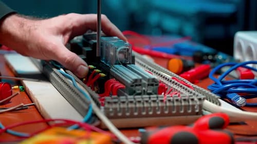 A Mans Hand Fasten a Red Wire with a Screw Using a Screwdriver