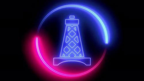 Icono de plataforma petrolera con una línea de neón brillante aislada sobre fondo negro. Capítulo 1359 1