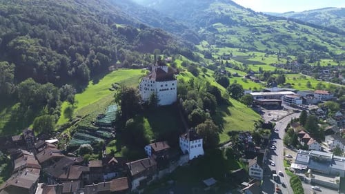 Beautiful view of top to Werdenberg castle. View from drone, quadrocopter to the medieval castle