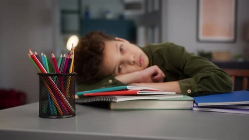 Overworked Tired Exhausted Stressed Sad Frustrated Little African American Boy Son Kid Child Pupil