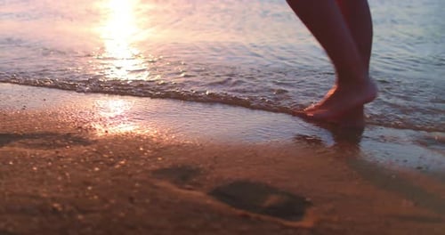 Slim Female Legs and Feet Walk Sunset Ocean Beach