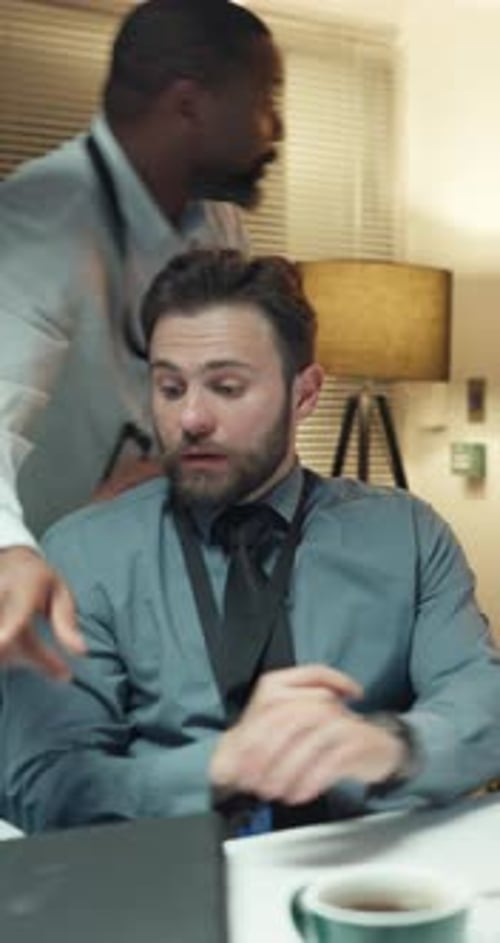 People, detective and folder in office at night for investigation, forensic report