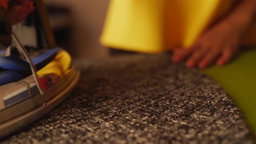 Closeup of Seamstress Woman Steams Woolen Dress Cloth and Using Professional Iron in Tailor Workshop