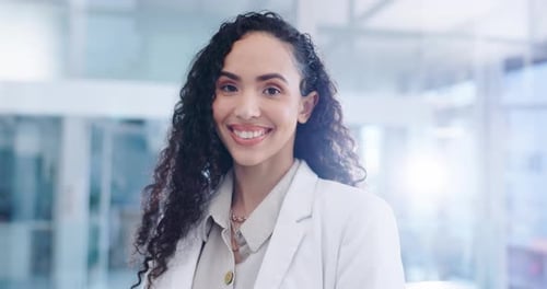 Happy, face and business woman in office, corporate workplace or excited accountant with confidence