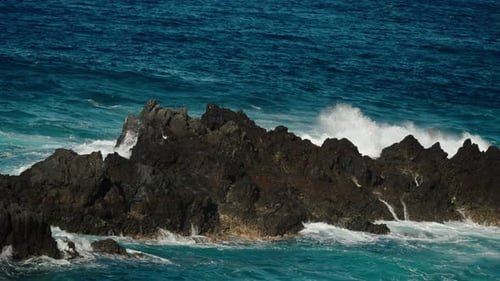 Slow-motion Atlantic wave surges over jagged volcanic coastline in Madeira, misting into the air wit