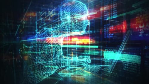 Digital Human Working on Laptop with Abstract Data Stream Background