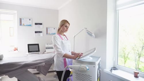 Woman Operates Laser Cosmetology Machine in Medical Office