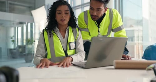 Civil engineer, man and woman with laptop, office and planning for building project or architecture