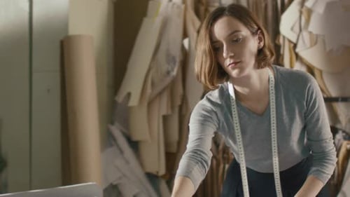 Clothing designer is working with sewing patterns on a studio table.