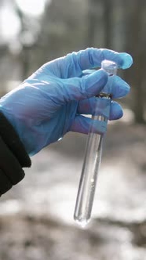 Gloved Hand Holding Test Tube in Nature Setting
