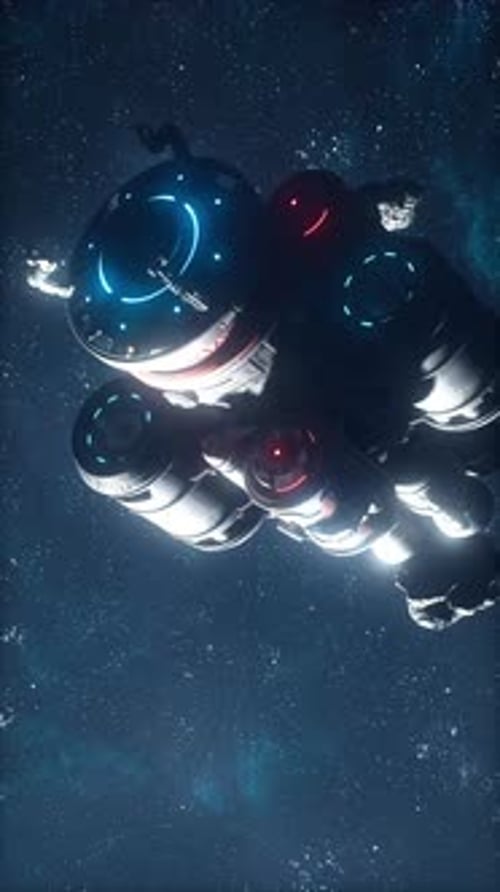 Futuristic Spaceship with Neon Lights Flying Through an Asteroid Field