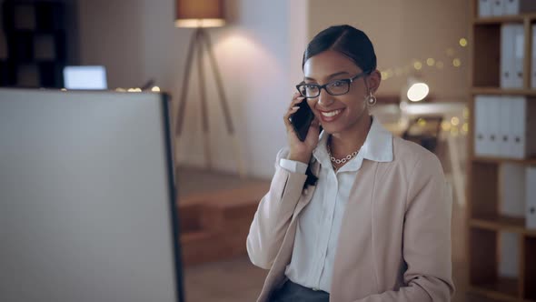 Phone call, computer and a friendly woman at work during the night to ...
