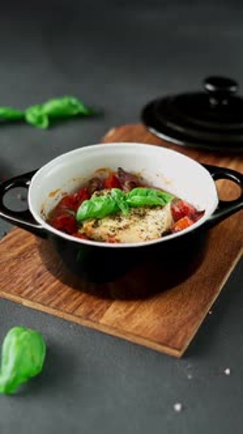 Fromage feta, oignons, tomates cerises et basilic cuits à l'huile d'olive avec épices sur fond noir