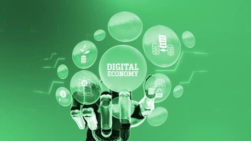 Robot Hand Digital Economy Icons and Futuristic Data Interface