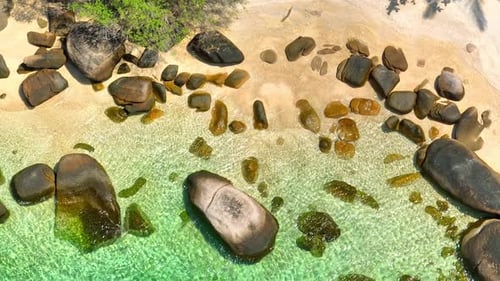 Stunning sandy beach with rock, clean sea water and green forest. 4K.
