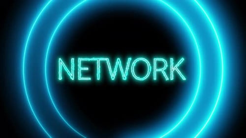 Neon glowing word network with circle animated on a background.